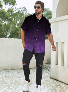 Manfinity Homme Men's Ombre Color Single Breasted Loose Short Sleeve Casual Shirt - Violet Purple - View 4