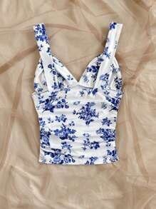 Soleia Women's Vacation Casual Romantic Blue & White Floral Twist Camisole With Ruched Details, Body Flattering - Blue and White - View 2