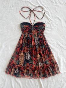 Soleia Women's Holiday Hippie Music Festival Floral Print Ruffle Hem Comfortable A-Line Casual Dress - Black - View 2