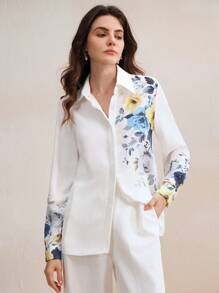 Anewsta Elegant Autumn Woven Digital Positioning Printed White Button Long Sleeved Shirt For Women Modesty Clothes Women