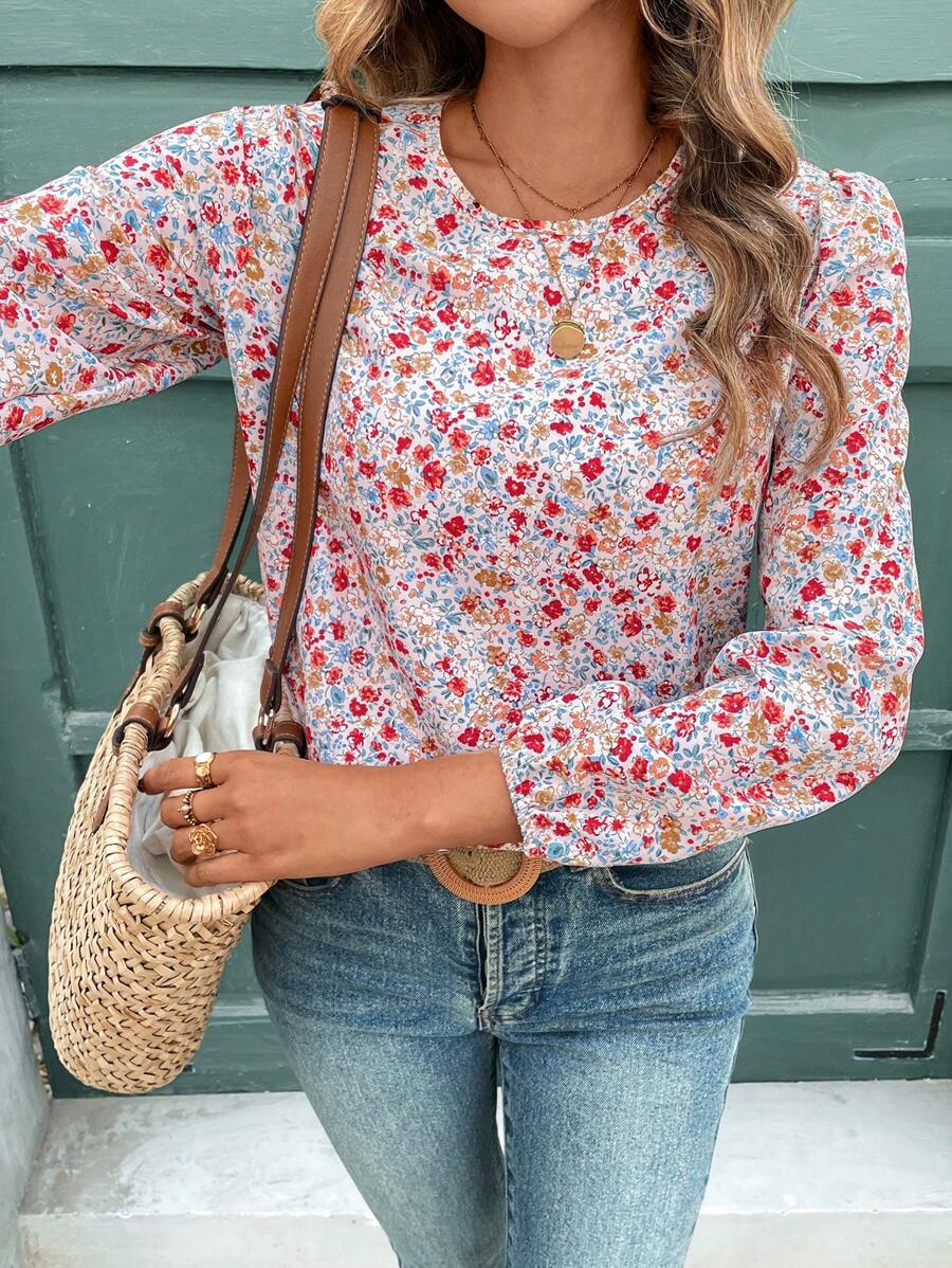 SHEIN Frenchy 女士小碎花圆领长袖休闲旅行衬衫 - 粉色 - 查看 1