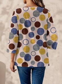 EMERY ROSE 女式优雅复古圆形图案圆领 3/4 袖衬衫 - 彩色 - 查看 2