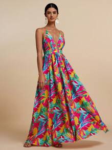 Travachic Vestido sin mangas con escote en V con estampado de plantas tropicales para mujeres
