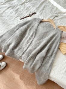 SHEIN Frenchy Plus Size Women's Sweater Off Shoulder Plush Cropped Cardigan Valentine - Khaki - View 3