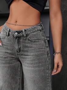SHEIN ICON Women's Loose Fit Wide Leg Low Waist Denim Jeans With Pockets - Grey - View 4