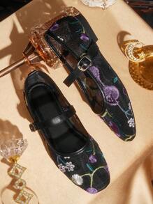 CUCCOO TILAWA 女士优雅刺绣网眼平底鞋 - 黑色 - 查看 3