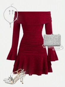 SHEIN Girlism Teen Girls Burgundy Volane Volanat Trim Rochie Bodycon Party Pentru Teen Girl, Rochie de Crăciun