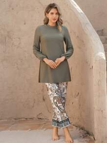 Swim Mulvari 2 Pieces Beach Outfit For Women: High Neck Long Sleeve Solid Top & Loose Bohemian Print Pants, Casual Holiday For Summer Beach Vacation