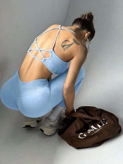 Slayform Women Solid Color Criss-Cross Back Cropped Cami & Leggings Sports Set Workout Women Set Women Leggings Set