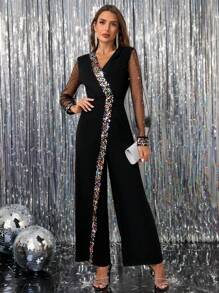 Ellevyn Women's Sequin Mesh Sleeve Christmas Party Dress - Black - View 2