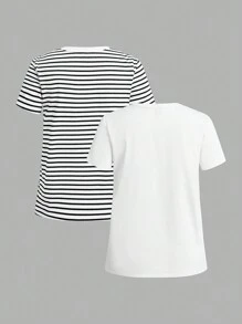 Tseoso 2 件套休闲针织条纹圆领短袖宽松女式 T 恤 - 黑與白 - 查看 2
