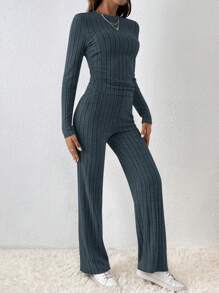 SHEIN Frenchy 女式纯色罗纹纹理 T 恤和裤子套装纹理面料两件套 - 深灰色 - 查看 3