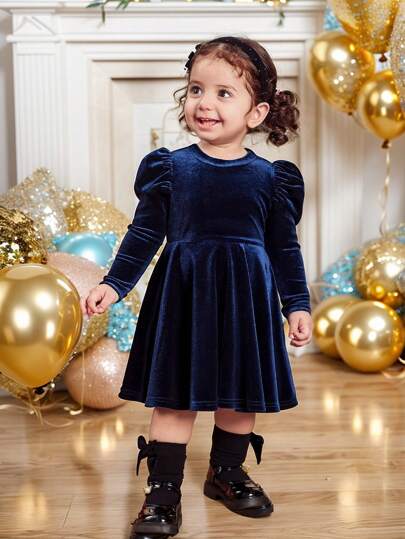 SHEIN Baby Girl Cute Christmas Navy Blue Velvet Gigot Sleeve Dress, Autumn/Winter Dress