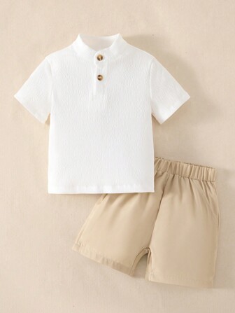Souflis Souflis 2pcs Baby Boy Summer Casual Thin Button Placket T-Shirt And Shorts Set, Suitable For Outdoor