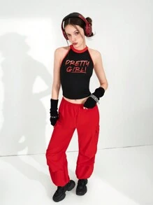 SHEIN Explorewe 2 件青少年女孩涂鸦字母印花吊带背心和宽松工装裤套装，时尚街头风格，适合春夏休闲外出