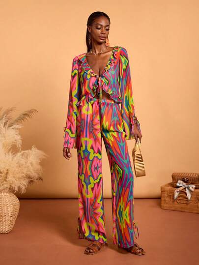 Abeille Creations Designer Boho Bohemian Multicolor Abstract Stripe Print See-Through Chiffon Wide Leg Pants For Vacation, Going Out, Spring, Festival
