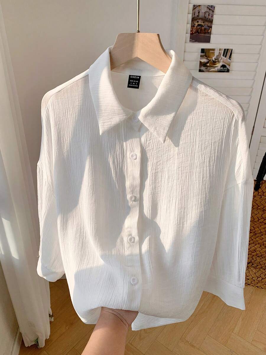 Comfortcana Spring And Summer Shirts White Casual Solid Drop Shoulder Button Front Beach Shirt