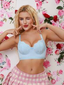 1 件情人节蕾丝拼布蝴蝶结装饰钢圈内衣胸罩，女士 - 藍色 - 查看 3