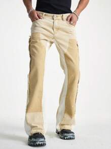 Manfinity EMRG Men's Khaki Denim Skinny Fit Patchwork Flared Pants - Khaki - View 7