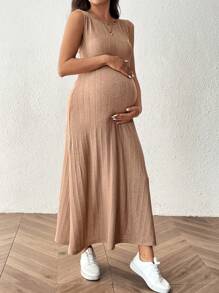 SHEIN Pregnant Women Solid Color Round Neck Rib Casual Sleeveless Dress - Khaki - View 1