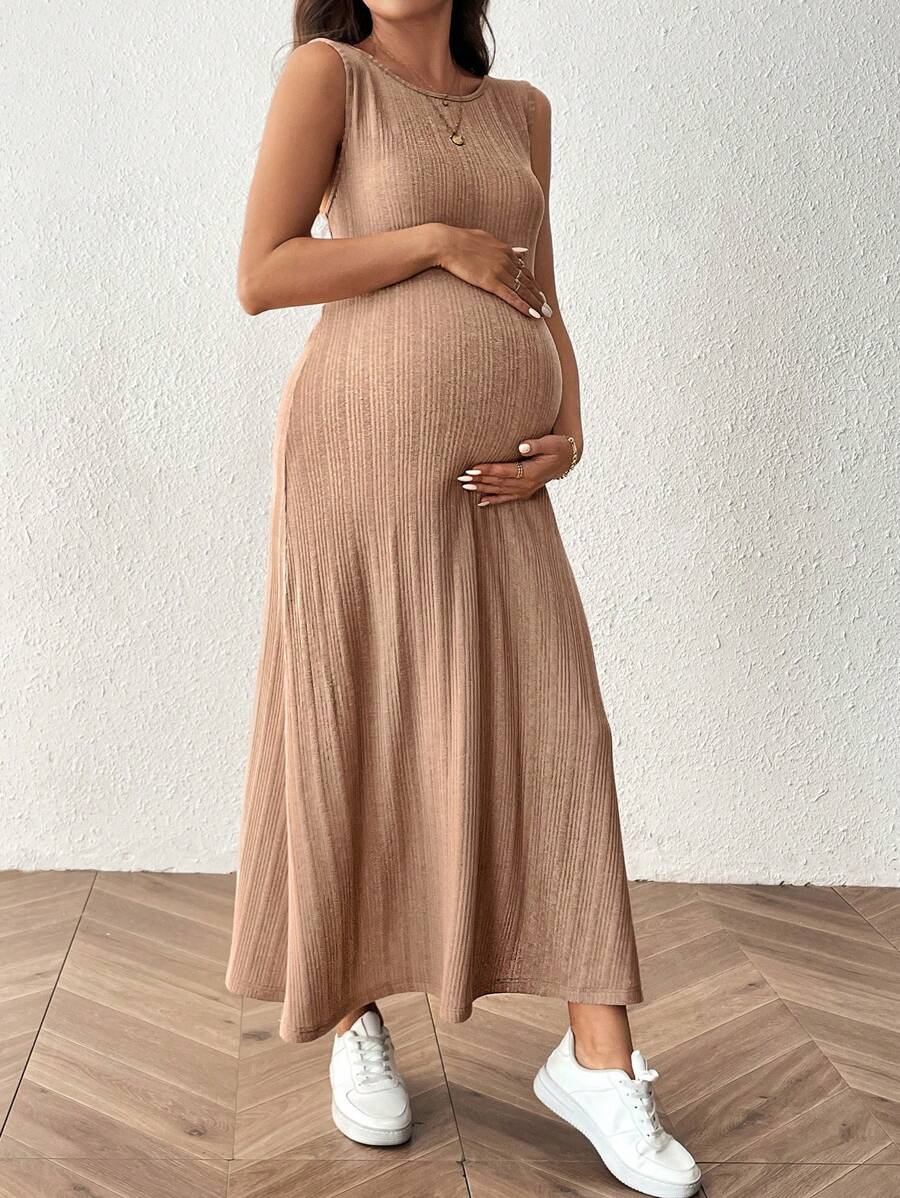 SHEIN Pregnant Women Solid Color Round Neck Rib Casual Sleeveless Dress - Khaki - View 1