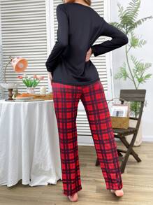 情人节情侣爱心皇冠休闲格子撞色女士睡衣套装，秋冬服装 - 彩色 - 查看 2