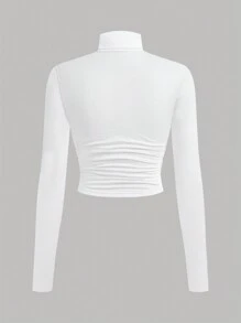 SHEIN Girlism 4 件装少女纯色豹纹印花高领褶皱长袖 T 恤套装