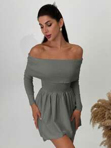 Firerie Vestido curto feminino casual simples e elegante com ombros de fora e manga comprida em linha A, adequado para outono/inverno - Cinza escuro - Ver 5