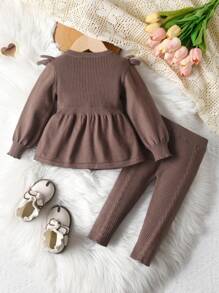 2pcs/Set Baby Girls Ruffle Trim Long Sleeve Sweater And Long Pants Set, Infant Solid Color Knitted Sweater And Trousers Casual Outfit
