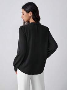 SHEIN Unity 纹理面料撞色长袖衬衫，适合通勤 - 黑色 - 查看 2