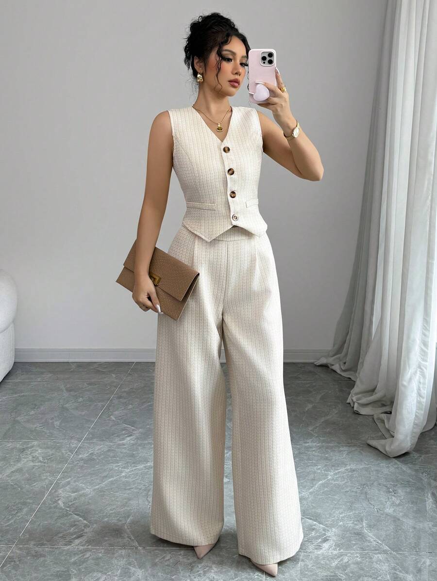 Elenzga Set de 2 piezas de chaleco de tweed para mujer, conjunto elegante de diseño regular con cremallera