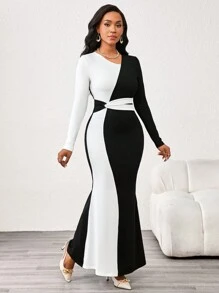 SHEIN Lady 秋冬优雅工装黑白针织圆领鱼尾长袖连衣裙 - 黑色 - 查看 7