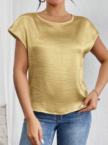 SHEIN Privé Women's Solid Color Batwing Sleeve Satin Blouse - Gold - View 5