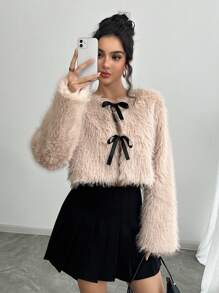 Firerie 女士优雅新年冬季外套，蝴蝶结前蓬松外套，冬季新款米色蓬松领保暖外套，女士冬季外套优雅、温暖、百搭、商务通勤、日常休闲、宽松翻领外套、返校节服装、人造毛皮纯色长袖蓬松夹克蓬松外套 - 杏色 - 查看 8