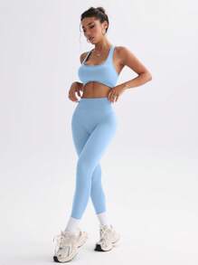 Slayform Women Solid Color Criss-Cross Back Cropped Cami & Leggings Sports Set Workout Women Set Women Leggings Set - Baby Blue - View 6