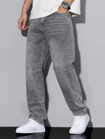 Manfinity Homme Jeans casuales para hombre con pierna entallada y efecto lavado