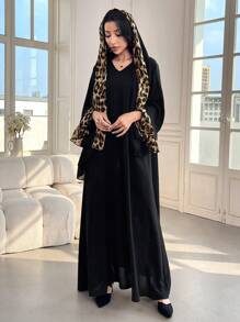 Al Najma 女式豹纹拼布长袖休闲宽松阿拉伯风格连衣裙，配头巾，端庄优雅，超长阿拉伯连衣裙 - 彩色 - 查看 7