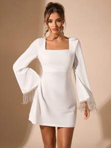SHEIN BAE Autumn Long Sleeve Rhinestone Tassel Backless Flare Sleeve Mini Dress, Date Night Party Club Outfit,Valentine's Day,Valentine Outfits For Women,Valentine's Day,Valentine Outfits For Women - White - View 6