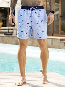 Surfspeed Men's Drawstring Waist All-Over Print Beach Shorts Men Swim Trunks - Blue - View 3