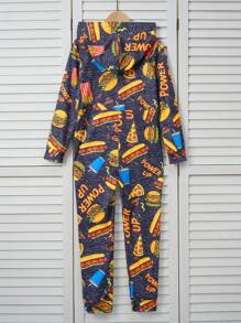 SHEIN Pijama de una pieza con capucha de manga larga para adolescentes con estampado completo que brilla en la oscuridad de patatas fritas y hamburguesa, estilo minimalista casual