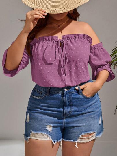 SHEIN VCAY Blusa de verano con hombros descubiertos, volantes y lunares tipo suizo