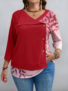 EMERY ROSE Plus Size Women's Print Solid Color Long Sleeve Fall T-Shirt - Red - View 1