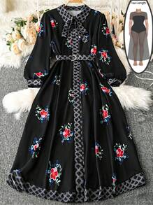 SHEIN Clasi 加大码优雅印花拼布衬衫裙，配领带、可调节腰带和前纽扣开合超长款女装 - 彩色 - 查看 7