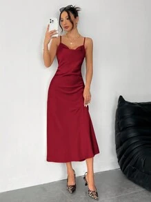 SHEIN PETITE Solid Color Swing Collar Long Satin Satin Suspender Burgundy Dress Suitable For Dates - Burgundy - View 5
