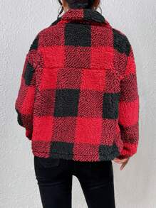 SHEIN Unity Chaqueta informal de forro polar de cuadros en bloques de color, para otoño/invierno - Rojo - Ver 2