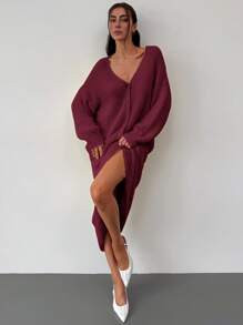 Aloruh 1 件套女士秋冬落肩长袖开衫 + 长款 A 字裙毛衣