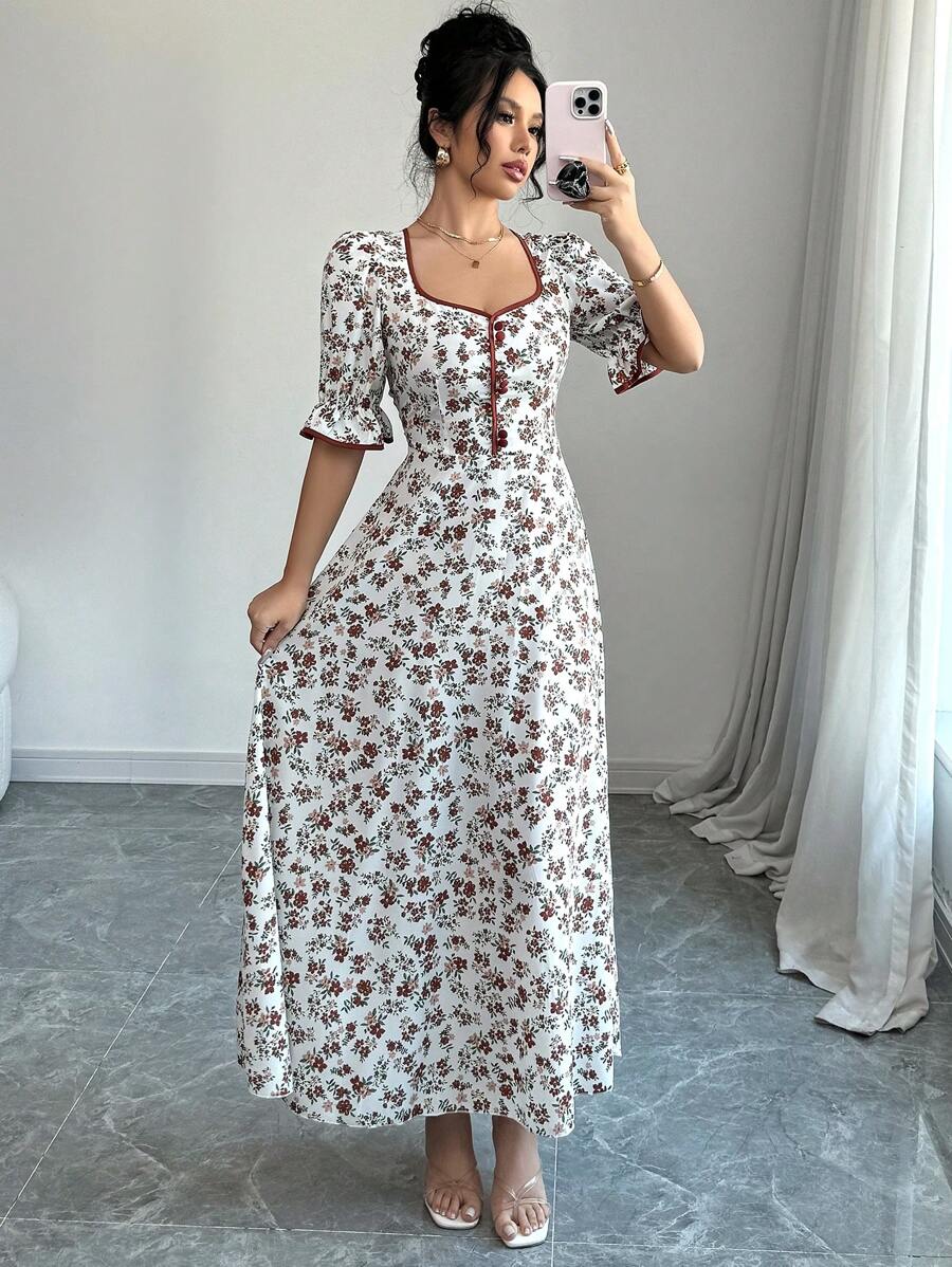 Modelyn Đầm dài đơn giản tay ngắn viền tương phản cho nữ, mặc thường ngày - trắng - Xem 1