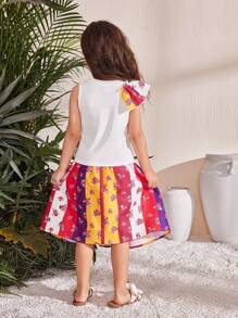 SHEIN 2件組少女荷葉袖上衣與裙子套裝 Broken Spring 復古印花女孩套裝，適合家庭活動等場合 - 白色 - 查看 4