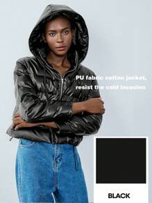 Chiquease Minimalist Casual Hooded Drawstring Design PU Material Women Padded Padded Coat Clothes Winter - Black - View 4