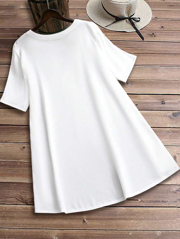 Plus Size Casual Minimalist Solid Color Hollow-Out Embroidery Notched Neck Blouse, Summer For Women